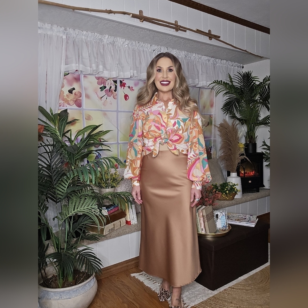 Taupe Satiny Midi Slip Skirt